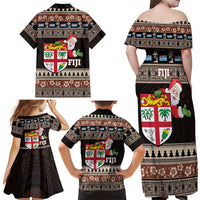 Fiji Christmas Family Matching Off Shoulder Maxi Dress and Hawaiian Shirt Fijian Masi Marau na Kerisimasi! - Brown LT14 - Polynesian Pride