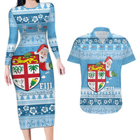 Fiji Christmas Couples Matching Long Sleeve Bodycon Dress and Hawaiian Shirt Fijian Masi Marau na Kerisimasi! - Blue LT14 Blue - Polynesian Pride