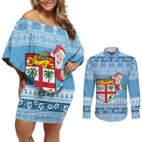 Fiji Christmas Couples Matching Off Shoulder Short Dress and Long Sleeve Button Shirt Fijian Masi Marau na Kerisimasi! - Blue LT14 Blue - Polynesian Pride
