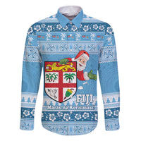 Fiji Christmas Family Matching Off The Shoulder Long Sleeve Dress and Hawaiian Shirt Fijian Masi Marau na Kerisimasi! - Blue LT14 Dad's Shirt - Long Sleeve Blue - Polynesian Pride
