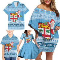 Fiji Christmas Family Matching Off Shoulder Short Dress and Hawaiian Shirt Fijian Masi Marau na Kerisimasi! - Blue LT14 - Polynesian Pride