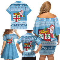 Fiji Christmas Family Matching Off Shoulder Short Dress and Hawaiian Shirt Fijian Masi Marau na Kerisimasi! - Blue LT14 - Polynesian Pride