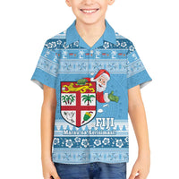 Fiji Christmas Family Matching Off Shoulder Short Dress and Hawaiian Shirt Fijian Masi Marau na Kerisimasi! - Blue LT14 Son's Shirt Blue - Polynesian Pride