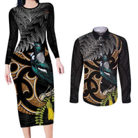 Aotearoa Kowhai Tui Bird Couples Matching Long Sleeve Bodycon Dress and Long Sleeve Button Shirt Maori Ngaru With Silver Fern LT14 Black - Polynesian Pride