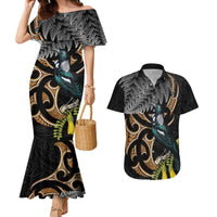 Aotearoa Kowhai Tui Bird Couples Matching Mermaid Dress and Hawaiian Shirt Maori Ngaru With Silver Fern LT14 Black - Polynesian Pride