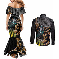 Aotearoa Kowhai Tui Bird Couples Matching Mermaid Dress and Long Sleeve Button Shirt Maori Ngaru With Silver Fern LT14 - Polynesian Pride