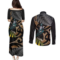 Aotearoa Kowhai Tui Bird Couples Matching Puletasi and Long Sleeve Button Shirt Maori Ngaru With Silver Fern