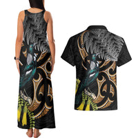 Aotearoa Kowhai Tui Bird Couples Matching Tank Maxi Dress and Hawaiian Shirt Maori Ngaru With Silver Fern LT14 - Polynesian Pride