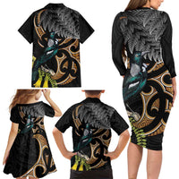 Aotearoa Kowhai Tui Bird Family Matching Long Sleeve Bodycon Dress and Hawaiian Shirt Maori Ngaru With Silver Fern LT14 - Polynesian Pride