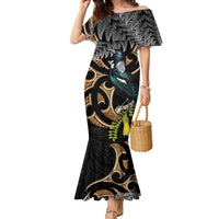 Aotearoa Kowhai Tui Bird Family Matching Mermaid Dress and Hawaiian Shirt Maori Ngaru With Silver Fern LT14 Mom's Dress Black - Polynesian Pride
