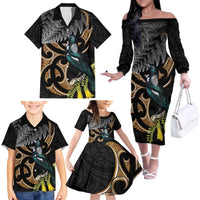 Aotearoa Kowhai Tui Bird Family Matching Off The Shoulder Long Sleeve Dress and Hawaiian Shirt Maori Ngaru With Silver Fern LT14 - Polynesian Pride
