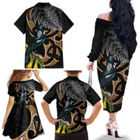 Aotearoa Kowhai Tui Bird Family Matching Off The Shoulder Long Sleeve Dress and Hawaiian Shirt Maori Ngaru With Silver Fern LT14 - Polynesian Pride