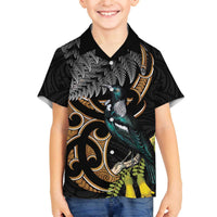 Aotearoa Kowhai Tui Bird Family Matching Off The Shoulder Long Sleeve Dress and Hawaiian Shirt Maori Ngaru With Silver Fern LT14 Son's Shirt Black - Polynesian Pride