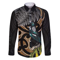 Aotearoa Kowhai Tui Bird Family Matching Off Shoulder Maxi Dress and Hawaiian Shirt Maori Ngaru With Silver Fern LT14 Dad's Shirt - Long Sleeve Black - Polynesian Pride