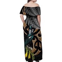 Aotearoa Kowhai Tui Bird Family Matching Off Shoulder Maxi Dress and Hawaiian Shirt Maori Ngaru With Silver Fern LT14 - Polynesian Pride