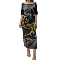 Aotearoa Kowhai Tui Bird Family Matching Puletasi and Hawaiian Shirt Maori Ngaru With Silver Fern LT14 Mom's Dress Black - Polynesian Pride