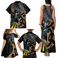 Aotearoa Kowhai Tui Bird Family Matching Tank Maxi Dress and Hawaiian Shirt Maori Ngaru With Silver Fern LT14 - Polynesian Pride