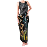 Aotearoa Kowhai Tui Bird Family Matching Tank Maxi Dress and Hawaiian Shirt Maori Ngaru With Silver Fern LT14 Mom's Dress Black - Polynesian Pride