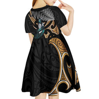 Aotearoa Kowhai Tui Bird Kid Short Sleeve Dress Maori Ngaru With Silver Fern