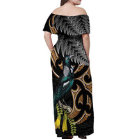Aotearoa Kowhai Tui Bird Off Shoulder Maxi Dress Maori Ngaru With Silver Fern