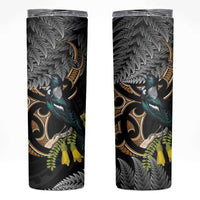 Aotearoa Kowhai Tui Bird Skinny Tumbler Maori Ngaru With Silver Fern LT14 Black - Polynesian Pride