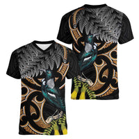 Aotearoa Kowhai Tui Bird Women V-Neck T-Shirt Maori Ngaru With Silver Fern
