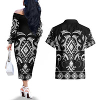 Black Ngaru Taniko With Aotearoa Maori Tattoo Couples Matching Off The Shoulder Long Sleeve Dress and Hawaiian Shirt LT14 - Polynesian Pride