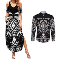 Black Ngaru Taniko With Aotearoa Maori Tattoo Couples Matching Summer Maxi Dress and Long Sleeve Button Shirt