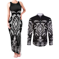 Black Ngaru Taniko With Aotearoa Maori Tattoo Couples Matching Tank Maxi Dress and Long Sleeve Button Shirt