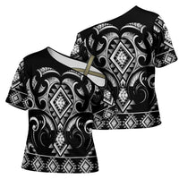 Black Ngaru Taniko With Aotearoa Maori Tattoo Cross Shoulder Shirt - Polynesian Pride