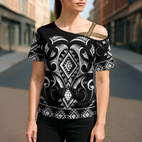 Black Ngaru Taniko With Aotearoa Maori Tattoo Cross Shoulder Shirt - Polynesian Pride