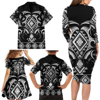 Black Ngaru Taniko With Aotearoa Maori Tattoo Family Matching Long Sleeve Bodycon Dress and Hawaiian Shirt LT14 - Polynesian Pride
