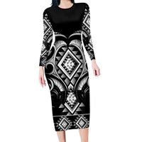 Black Ngaru Taniko With Aotearoa Maori Tattoo Family Matching Long Sleeve Bodycon Dress and Hawaiian Shirt LT14 Mom's Dress Black - Polynesian Pride