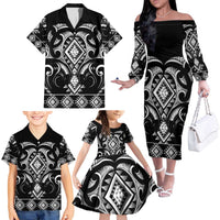 Black Ngaru Taniko With Aotearoa Maori Tattoo Family Matching Off The Shoulder Long Sleeve Dress and Hawaiian Shirt LT14 - Polynesian Pride