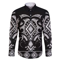 Black Ngaru Taniko With Aotearoa Maori Tattoo Family Matching Off The Shoulder Long Sleeve Dress and Hawaiian Shirt LT14 Dad's Shirt - Long Sleeve Black - Polynesian Pride