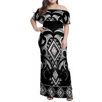 Black Ngaru Taniko With Aotearoa Maori Tattoo Family Matching Off Shoulder Maxi Dress and Hawaiian Shirt LT14 Mom's Dress Black - Polynesian Pride