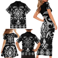 Black Ngaru Taniko With Aotearoa Maori Tattoo Family Matching Short Sleeve Bodycon Dress and Hawaiian Shirt LT14 - Polynesian Pride