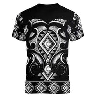 Black Ngaru Taniko With Aotearoa Maori Tattoo Women V-Neck T-Shirt