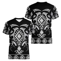 Black Ngaru Taniko With Aotearoa Maori Tattoo Women V-Neck T-Shirt