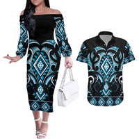 Blue Ngaru Taniko With Aotearoa Maori Tattoo Couples Matching Off The Shoulder Long Sleeve Dress and Hawaiian Shirt LT14 Blue - Polynesian Pride