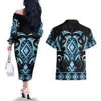 Blue Ngaru Taniko With Aotearoa Maori Tattoo Couples Matching Off The Shoulder Long Sleeve Dress and Hawaiian Shirt LT14 - Polynesian Pride