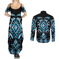 Blue Ngaru Taniko With Aotearoa Maori Tattoo Couples Matching Summer Maxi Dress and Long Sleeve Button Shirt