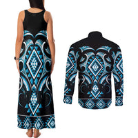 Blue Ngaru Taniko With Aotearoa Maori Tattoo Couples Matching Tank Maxi Dress and Long Sleeve Button Shirt