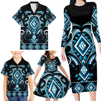 Blue Ngaru Taniko With Aotearoa Maori Tattoo Family Matching Long Sleeve Bodycon Dress and Hawaiian Shirt LT14 - Polynesian Pride