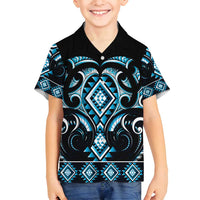 Blue Ngaru Taniko With Aotearoa Maori Tattoo Family Matching Long Sleeve Bodycon Dress and Hawaiian Shirt LT14 Son's Shirt Blue - Polynesian Pride