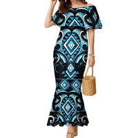Blue Ngaru Taniko With Aotearoa Maori Tattoo Family Matching Mermaid Dress and Hawaiian Shirt LT14 Mom's Dress Blue - Polynesian Pride