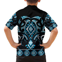 Blue Ngaru Taniko With Aotearoa Maori Tattoo Family Matching Off The Shoulder Long Sleeve Dress and Hawaiian Shirt LT14 - Polynesian Pride