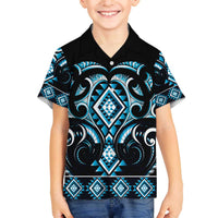 Blue Ngaru Taniko With Aotearoa Maori Tattoo Family Matching Off The Shoulder Long Sleeve Dress and Hawaiian Shirt LT14 Son's Shirt Blue - Polynesian Pride
