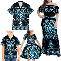 Blue Ngaru Taniko With Aotearoa Maori Tattoo Family Matching Off Shoulder Maxi Dress and Hawaiian Shirt LT14 - Polynesian Pride
