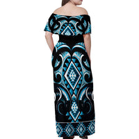Blue Ngaru Taniko With Aotearoa Maori Tattoo Family Matching Off Shoulder Maxi Dress and Hawaiian Shirt LT14 - Polynesian Pride